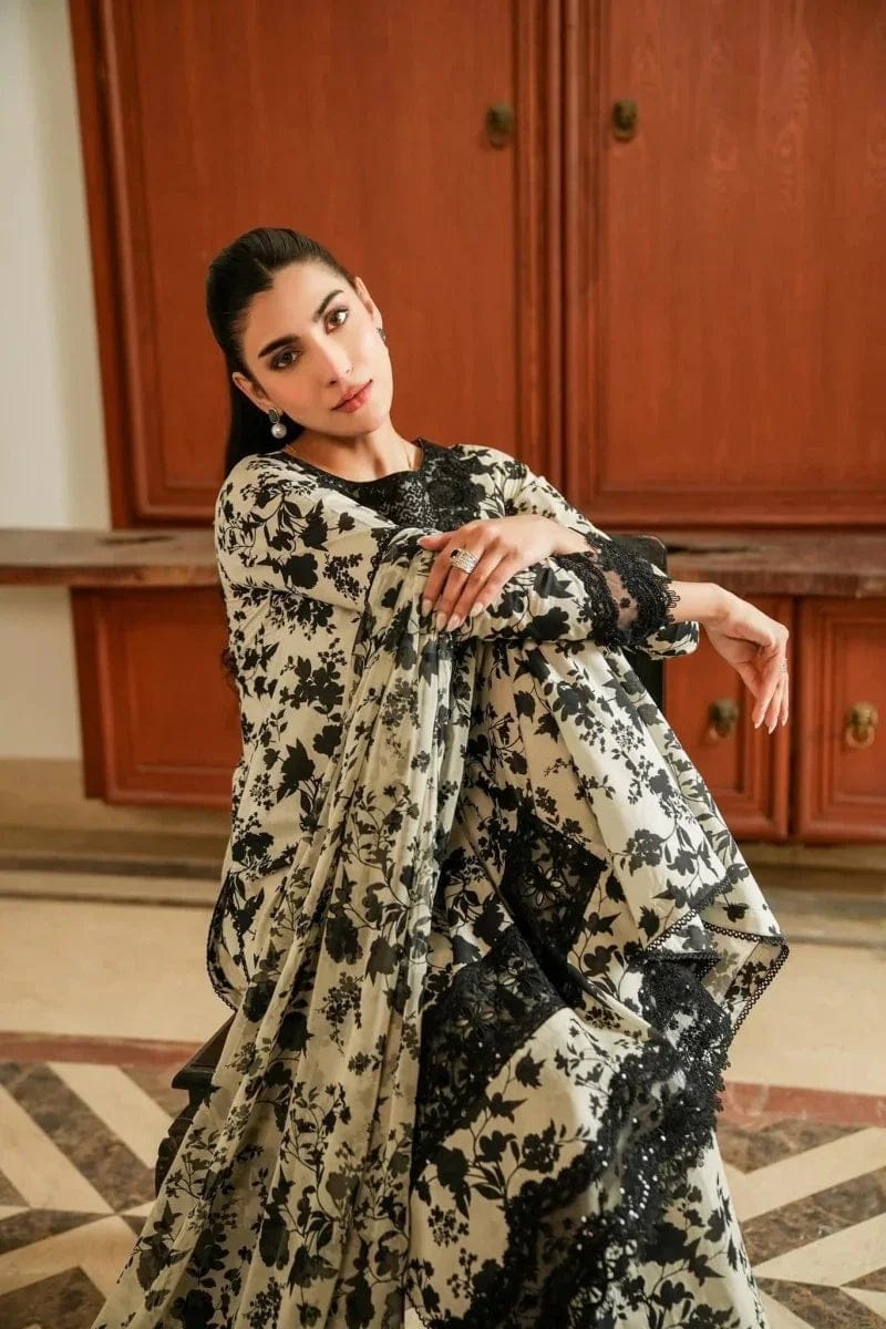 Pure Lawn Skin & Black Embroidered Dress - LL328