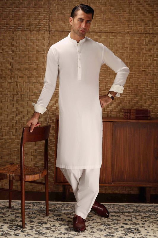 Cotton White Shalwar Kameez - Cast & Crew SK023