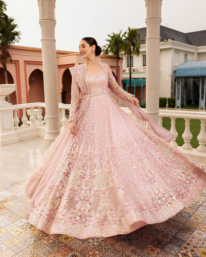 Pure Net Pink Embroidered Maxi Dress - WW394