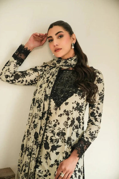 Pure Lawn Skin & Black Embroidered Dress - LL328