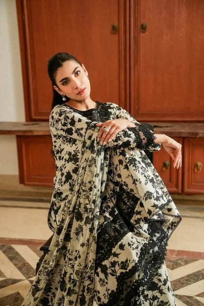 Pure Lawn Skin & Black Embroidered Dress - LL328