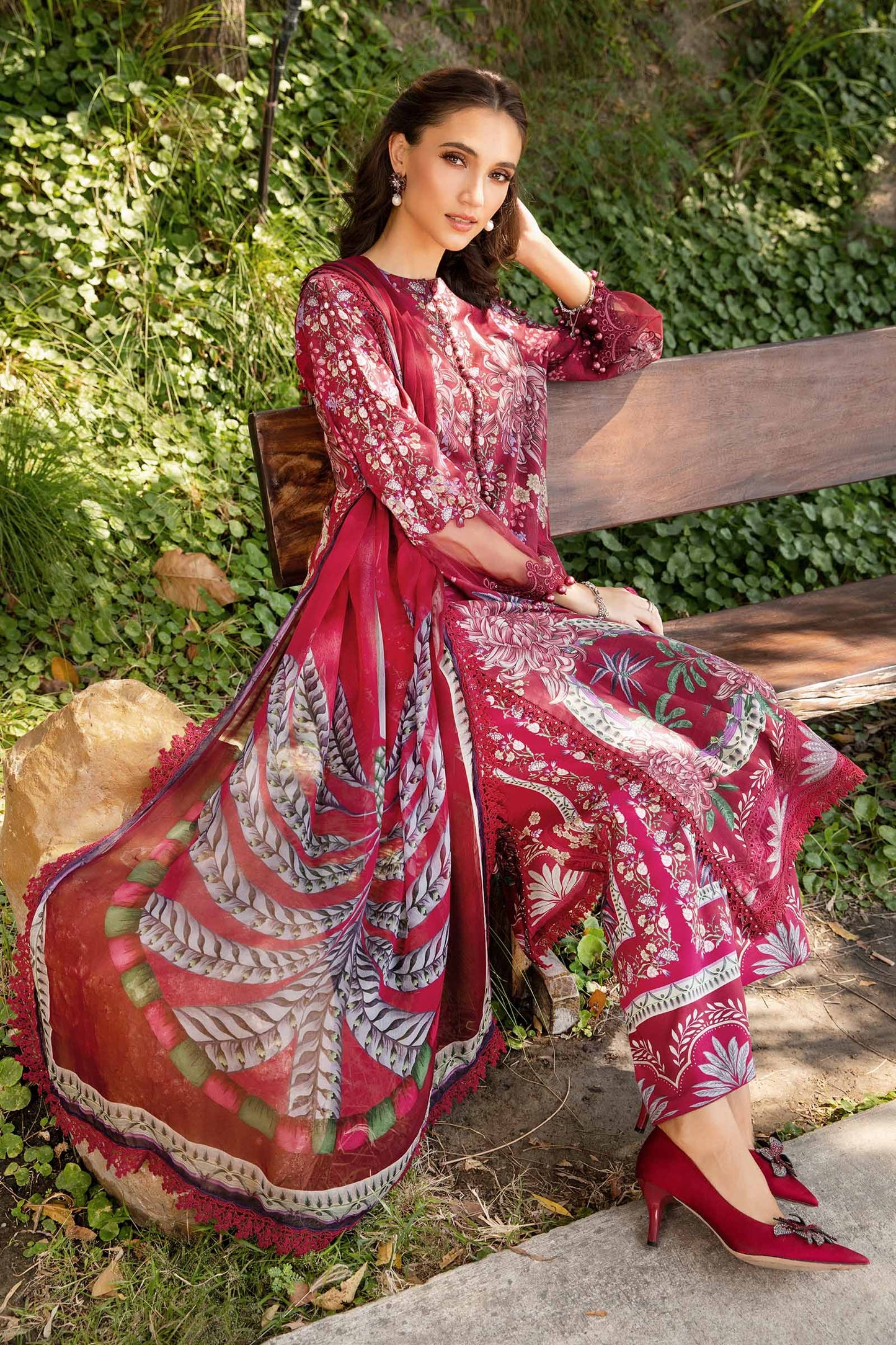 Pure Lawn Red Embroidered Dress - LL374