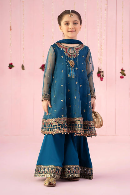 Pure Chiffon Embroidered Teal Kids Outfit - RS005