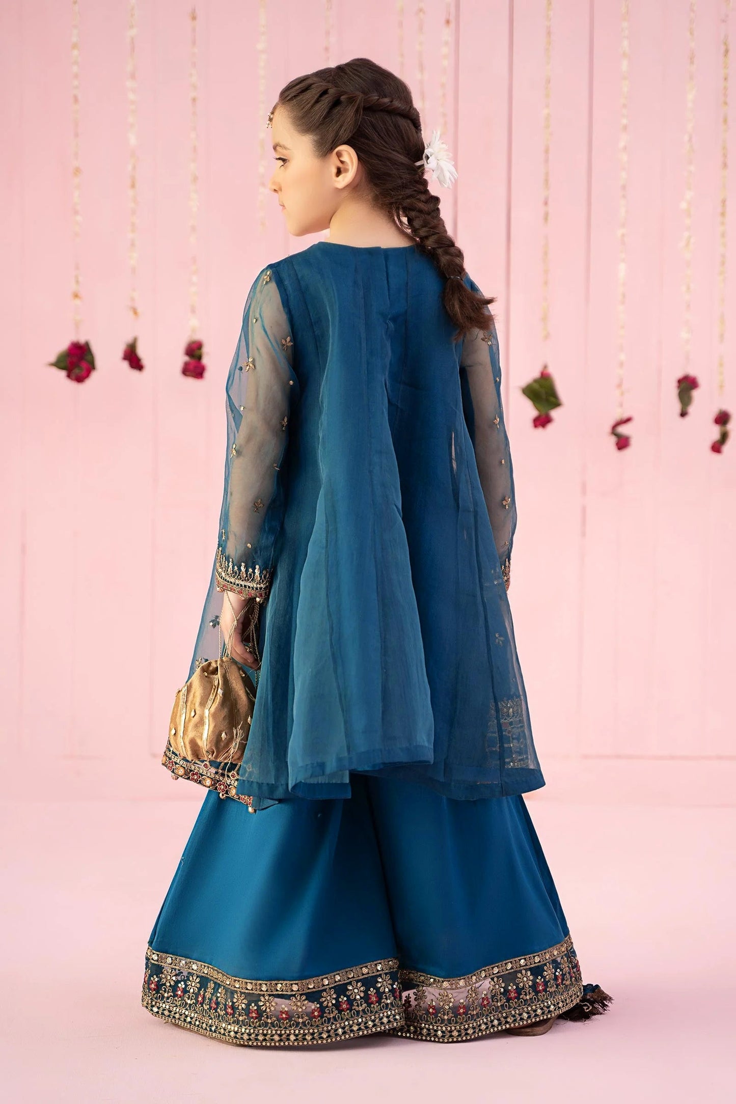 Pure Chiffon Embroidered Teal Kids Outfit - RS005