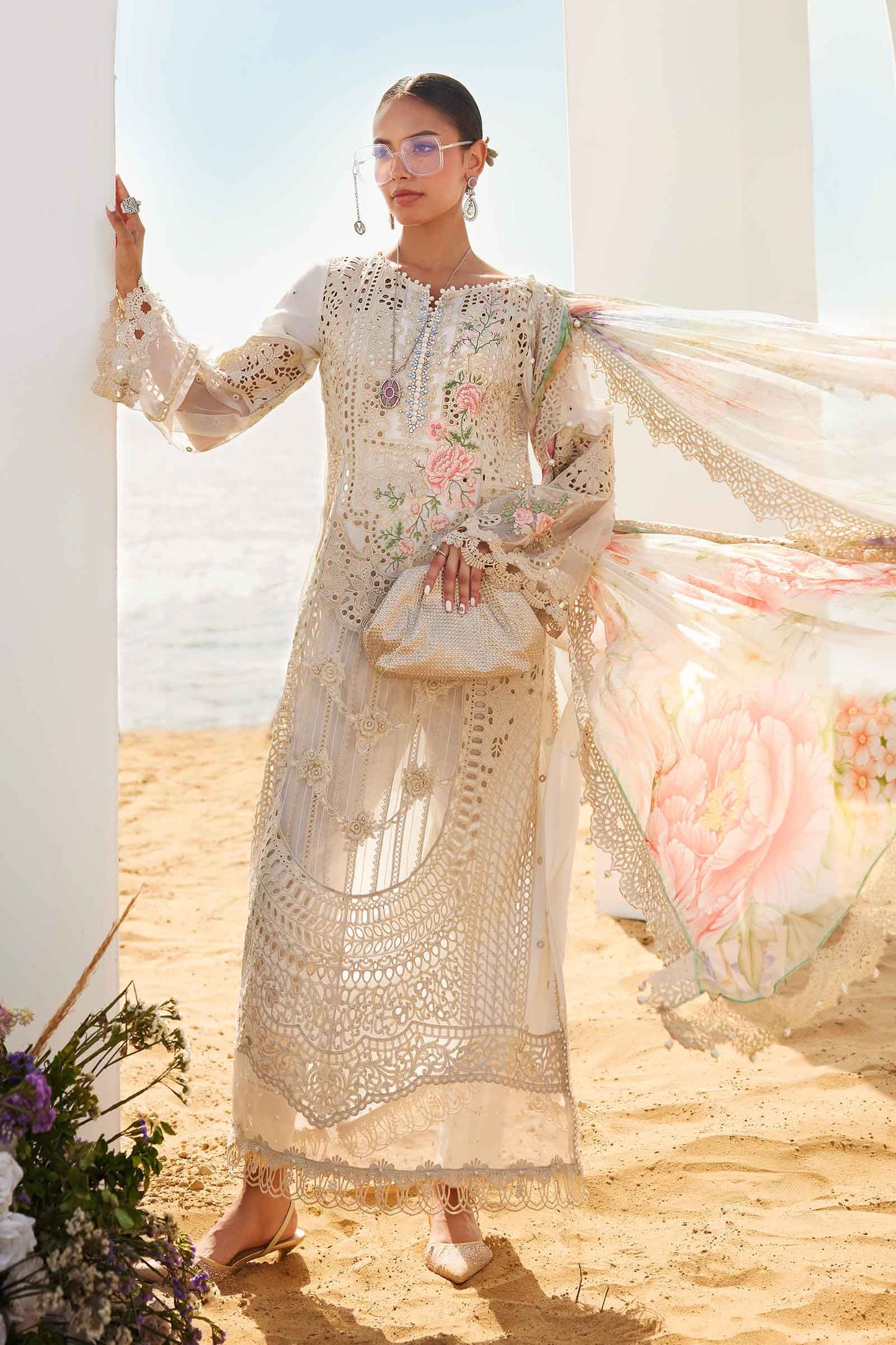 Pure Lawn Off White Chickenkari Dress - LL381