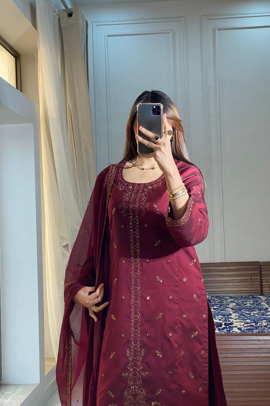 HANIA Luxury Embroidered Raw Silk 3 Piece Dress – LF-HN-016
