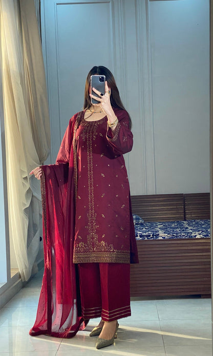 HANIA Luxury Embroidered Raw Silk 3 Piece Dress – LF-HN-016